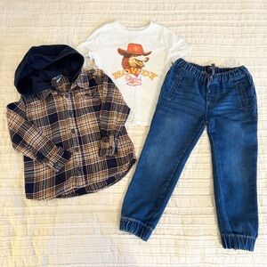 Toddler Boys Outfit Bundle Western Graphic Tee Plaid Hooded Shirt Jeans Size 5T